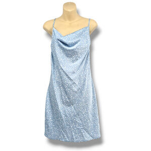 NEW Forever 21‎ Women's Spotted Satin Drape Neck Spaghetti Strap Mini Dress Blue